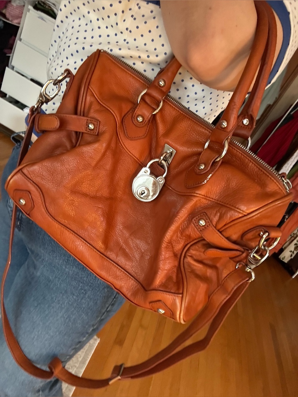 DANIER ORANGE LEATHER SATCHEL BAG WITH LOCK KEY WOMAN